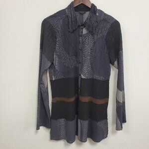 Komarov Womens Crinkle Button Up Tunic Top Size L Gray Office Career Artsy Y2K